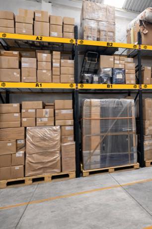 A larger racking bay holding wrapped furniture and cartons.