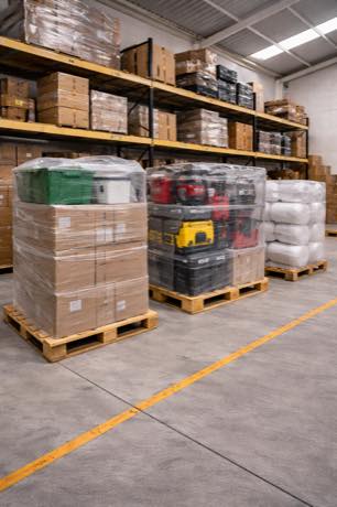 Shrink-wrapped pallets lined up on the floor.