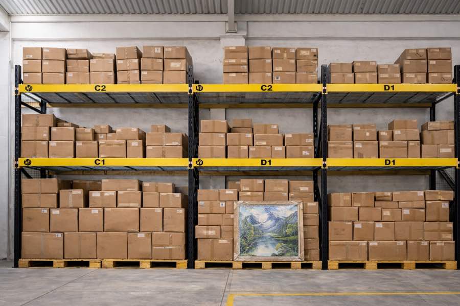 Coded warehouse racking stacked with cataloged cartons and a framed painting.